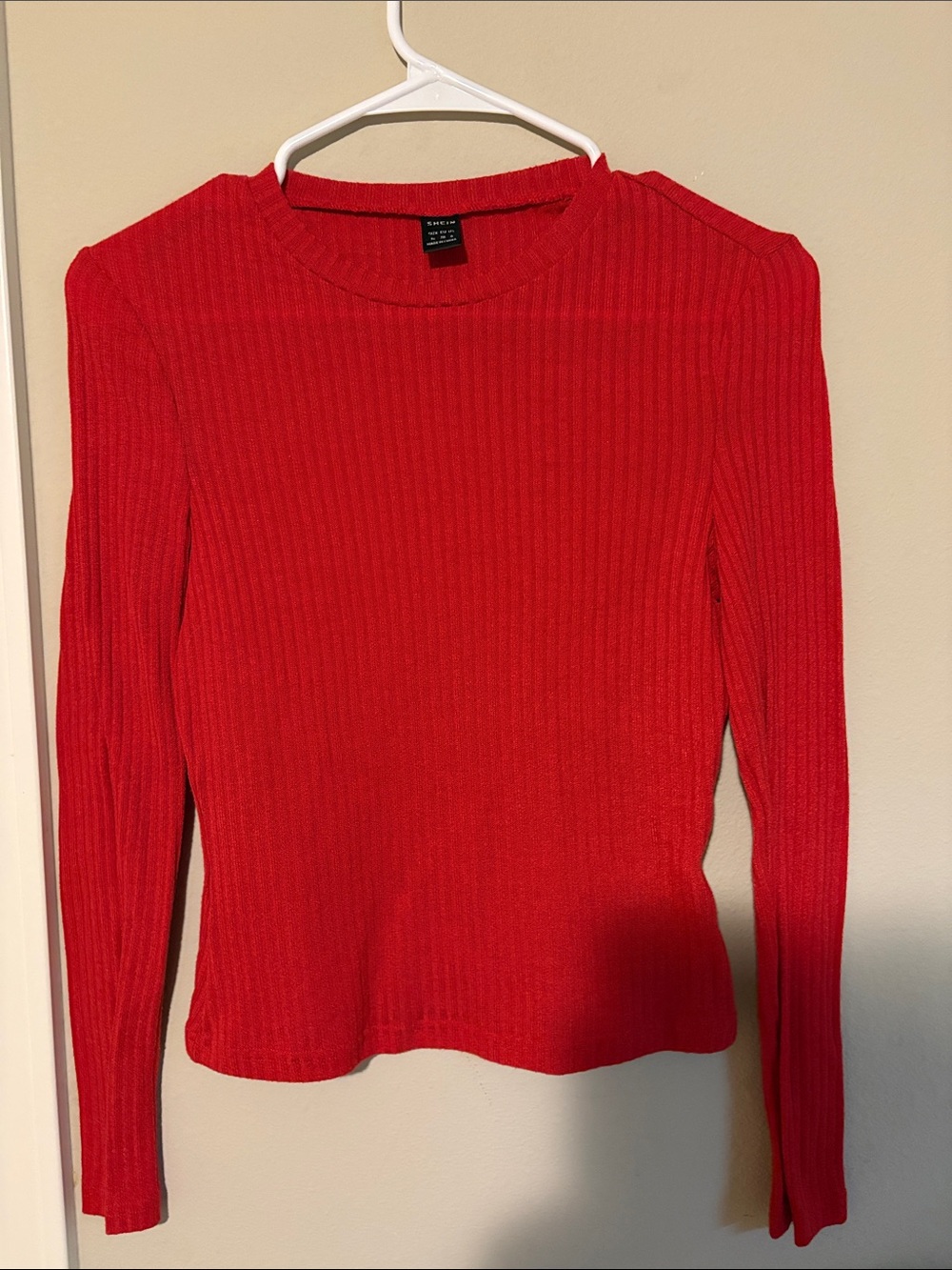 SHEIN Red Ribbed Long Sleeve Crewneck Top